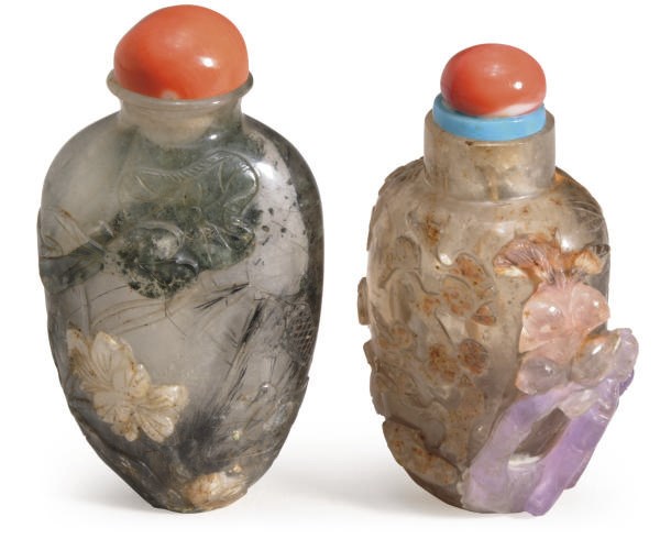 A CHINESE ROCK CRYSTAL AND AMETHYST SNUFF BOTTLE AND A ROCK CRYSTAL AND AGATE SNUFF BOTTLE,**