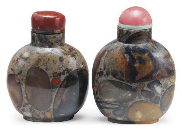 TWO CHINESE PUDDINGSTONE SNUFF BOTTLES,**