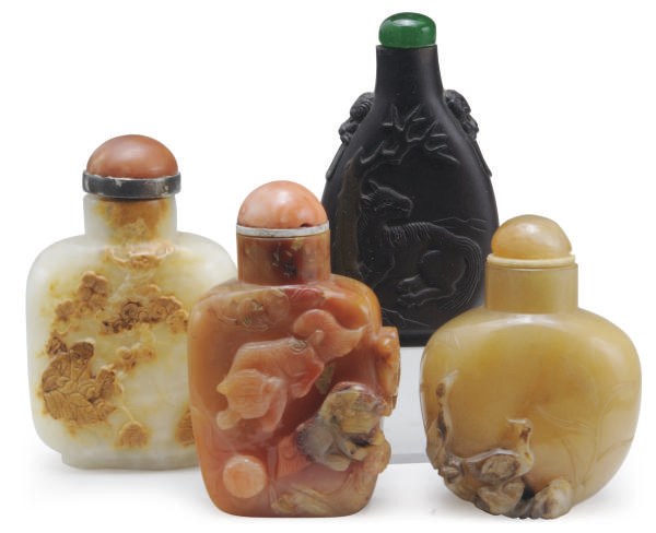 A GROUP OF FOUR CHINESE HARDSTONE SNUFF BOTTLES,**