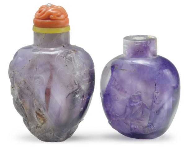 TWO CHINESE CARVED AMETHYST SNUFF BOTTLES,**