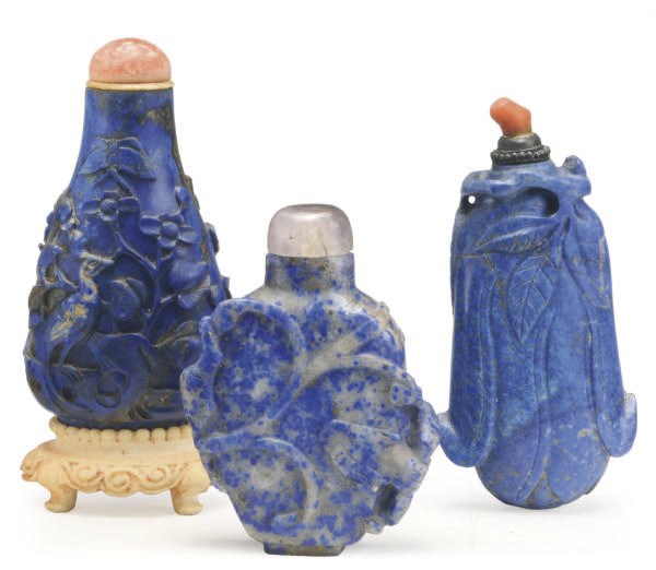 A GROUP OF THREE CHINESE LAPIS LAZULI SNUFF BOTTLES,**