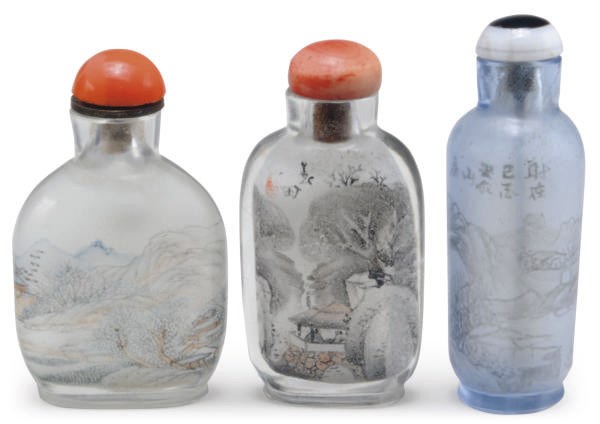A CHINESE CRYSTAL INSIDE-PAINTED SNUFF BOTTLE AND TWO GLASS INSIDE-PAINTED SNUFF BOTTLES,