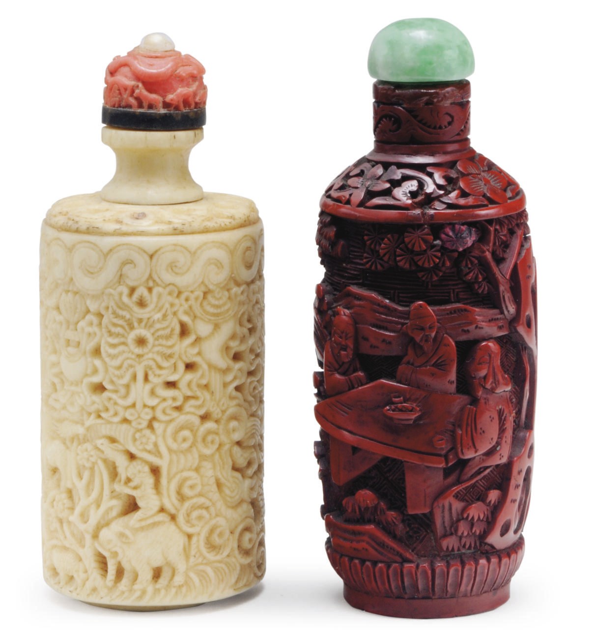 A CHINESE CARVED IVORY SNUFF BOTTLE AND A RED LACQUER SNUFF BOTTLE,**