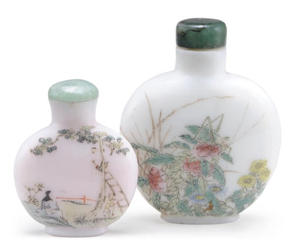 TWO CHINESE ENAMELED GLASS SNUFF BOTTLES WITH GREEN JADEITE STOPPERS,**