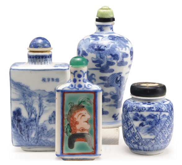 A GROUP OF FOUR CHINESE BLUE AND WHITE PORCELAIN SNUFF BOTTLES,**