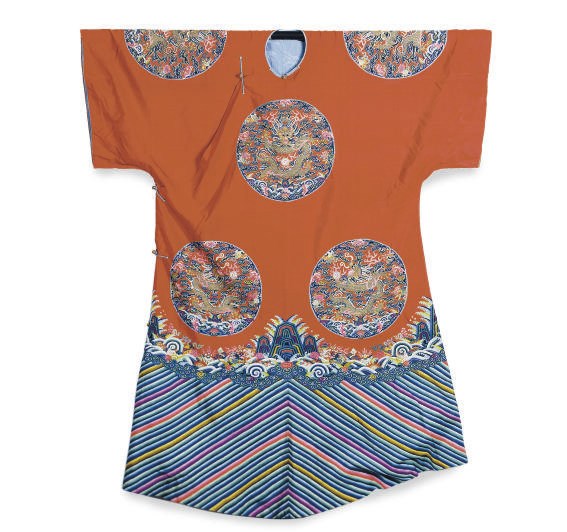 A CHINESE KESI RED SILK WOMEN'S SEMI-FORMAL ROBE WITH DRAGONS,