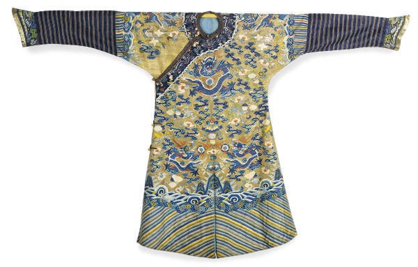 A CHINESE KESI SILK PALE BROWN-GROUND DRAGON ROBE WITH FIVE-CLAWED DRAGONS, BATS, AND CLOUDS,