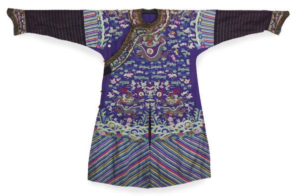 A CHINESE BLUE SILK KESI DRAGON ROBE,