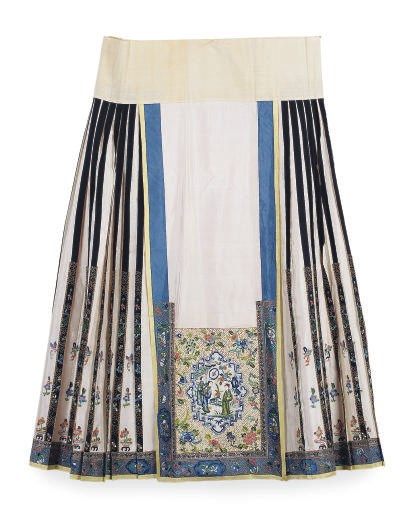 A CHINESE EMBROIDERED SILK PALE PINK GROUND SKIRT AND A RED CANTON SHAWL,