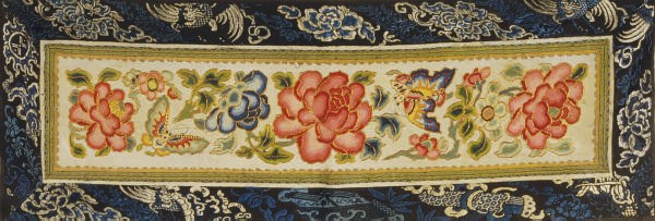 A CHINESE EMBROIDERED SILK RANK BADGE AND FOUR OTHER EMBROIDERED SILK PANELS,