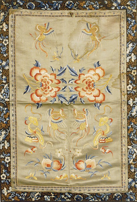 A CHINESE EMBROIDERED SILK PALE BLUE GROUND RECTANGULAR PANEL,