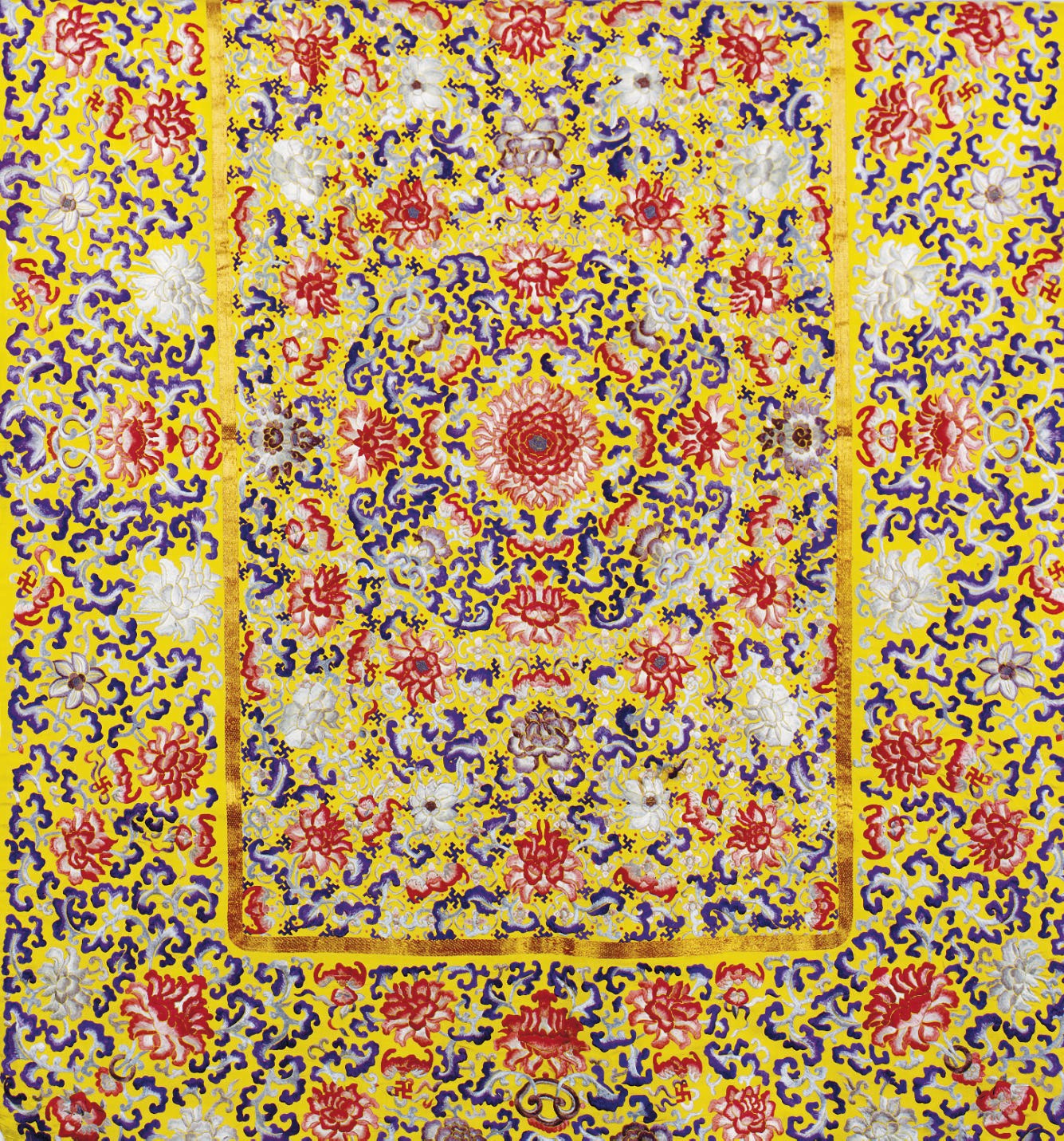 A CHINESE EMBROIDERED SILK YELLOW GROUND RECTANGULAR PANEL,