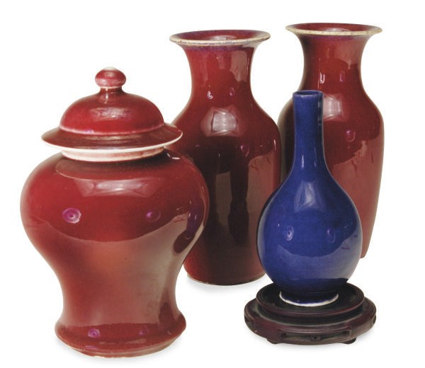 A PAIR OF CHINESE FLAMBE-GLAZED MALLET-FORM VASES AND A BALUSTER JAR AND COVER,