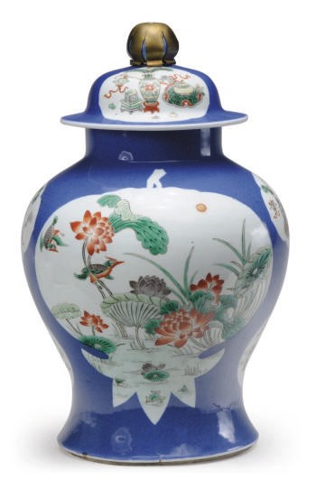 A CHINESE PORCELAIN POWDER BLUE GROUND FAMILLE VERTE BALUSTER JAR AND COVER,
