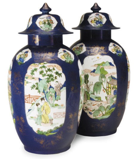 A PAIR OF CHINESE PORCELAIN BLUE GROUND JARS AND COVERS,