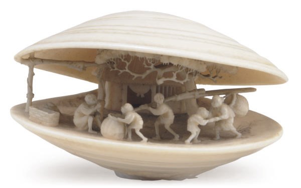 A JAPANESE IVORY CLAM-SHELL FORM NETSUKE CARVED WITH AN INTERIOR AGRARIAN SCENE,**
