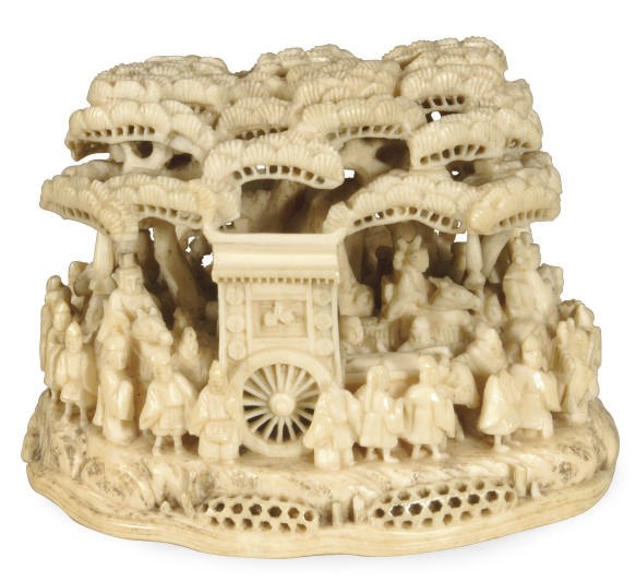 A JAPANESE IVORY CARVED LANDSCAPE WITH NOBLES IN A PROCESSION,**