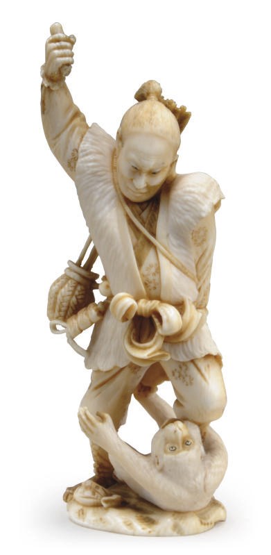 A JAPANESE IVORY MODEL OF A HUNTER SLAYING A MONKEY,**