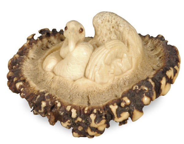A JAPANESE STAG ANTLER NETSUKE OF A CORMORANT IN A NEST,