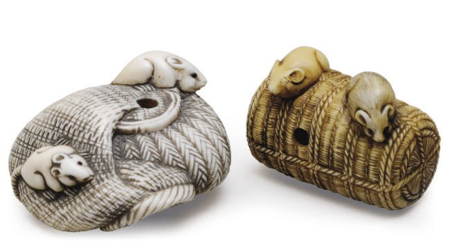 TWO JAPANESE IVORY NETSUKES OF RATS ON BASKETS,**