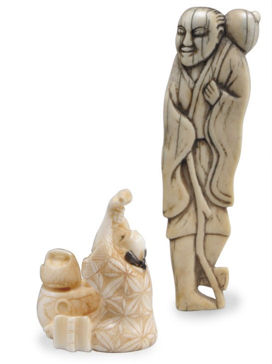 TWO JAPANESE IVORY NETSUKE AND A CHINESE CARVED FIGURE,**