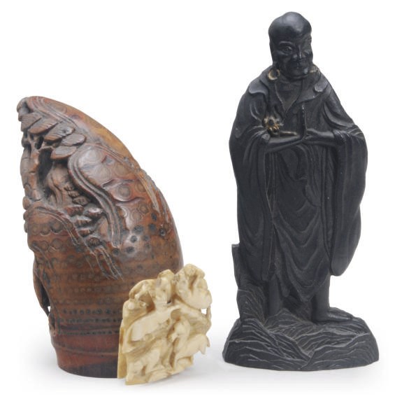 A JAPANESE ROOT CARVING OF TOBA ON A MULE AND A LACQUERED WOOD CARVING OF AN IMMORTAL,**