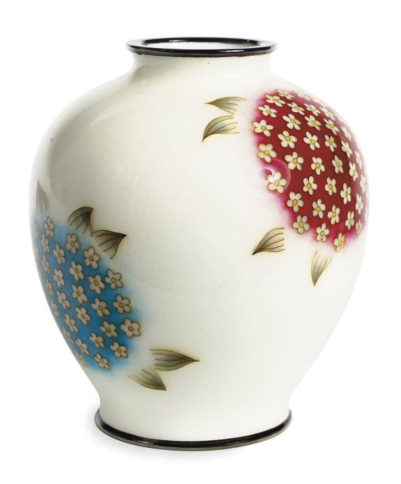 A JAPANESE CLOISONNÈ SILVER-MOUNTED WHITE GROUND WIRELESS ENAMEL VASE AND A YELLOW GROUND VASE,