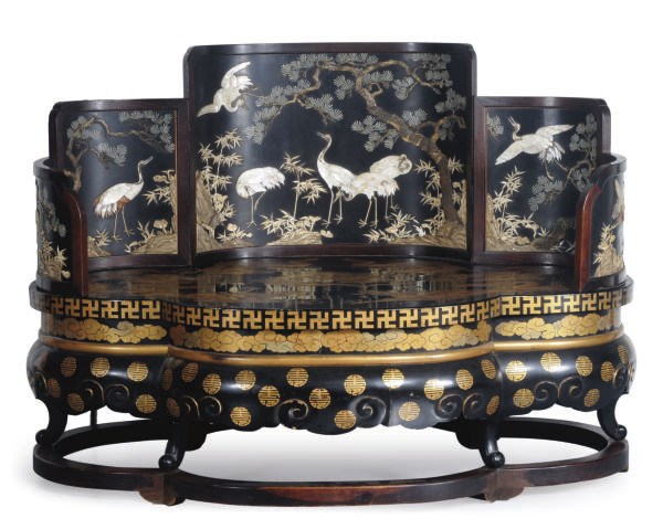A JAPANESE LACQUER THRONE INLAID WITH MOTHER-OF-PEARL AND IVORY,**