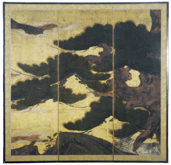 A THREE PANEL JAPANESE SCREEN OF A PINE TREE,