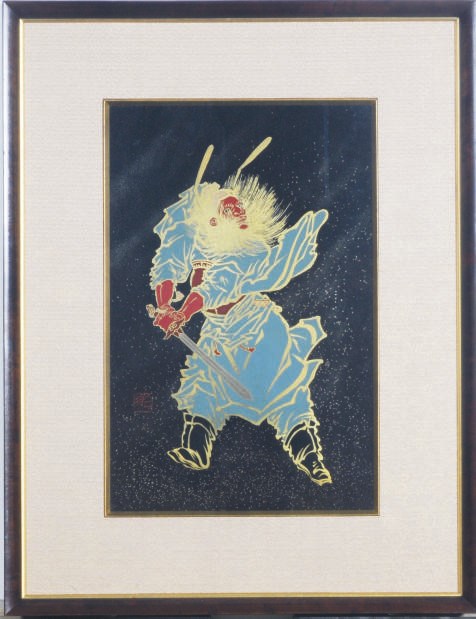 A JAPANESE LACQUER PAINTING OF A DEMON, Shoki,