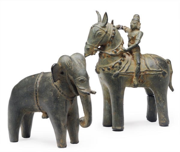 TWO INDIAN FOLK BRONZES OF AN ELEPHANT AND A HORSE WITH RIDER,