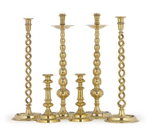 THREE PAIRS OF BRASS CANDLESTICKS,