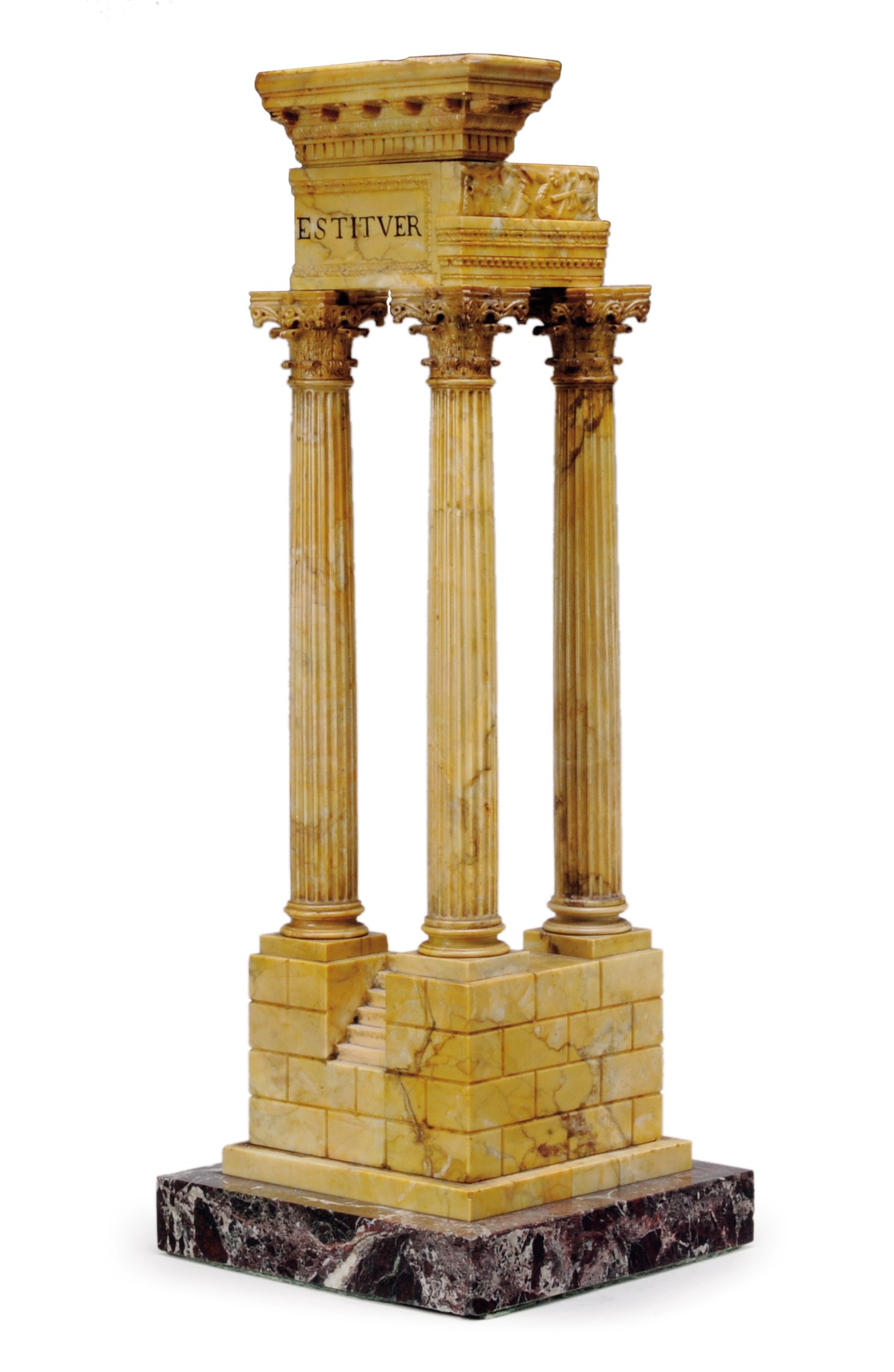 A SIENNA MARBLE MODEL OF THE RUINS OF THE TEMPLE OF CASTOR AND POLLUX,