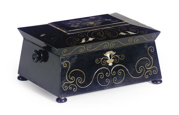 A VICTORIAN BRASS AND MOTHER-OF-PEARL INLAID EBONY WORK BOX,