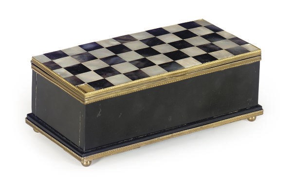 A GILT-METAL MOUNTED SLATE AND MOTHER-OF-PEARL BOX,