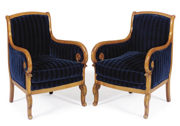 A PAIR OF FRUITWOOD AND STRIPED VELVET UPHOLSTERED BERGERES,