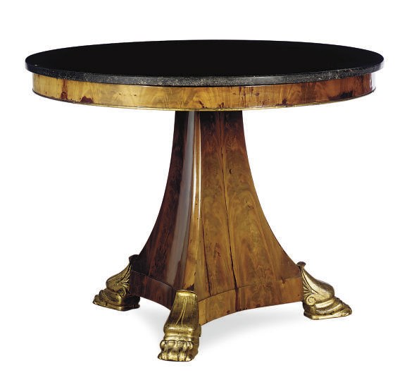 A CHARLES X MAHOGANY AND PARCEL-GILT FOSSIL MARBLE TOP CENTER TABLE,