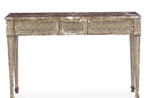 A SILVERED-WOOD MARBLE TOP SIDE TABLE,