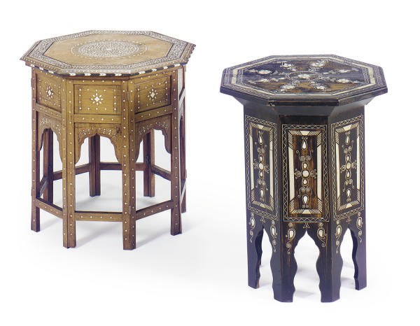 TWO BONE AND MOTHER-OF-PEARL INLAID HARDWOOD SIDE TABLES,