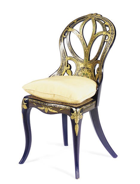 A VICTORIAN EBONIZED, PARCEL-GILT AND MOTHER-OF-PEARL SIDE CHAIR,
