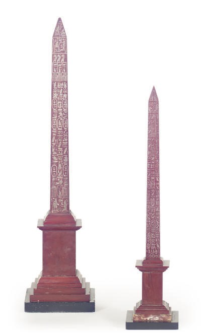 TWO ROUGE MARBLE OBELISKS,