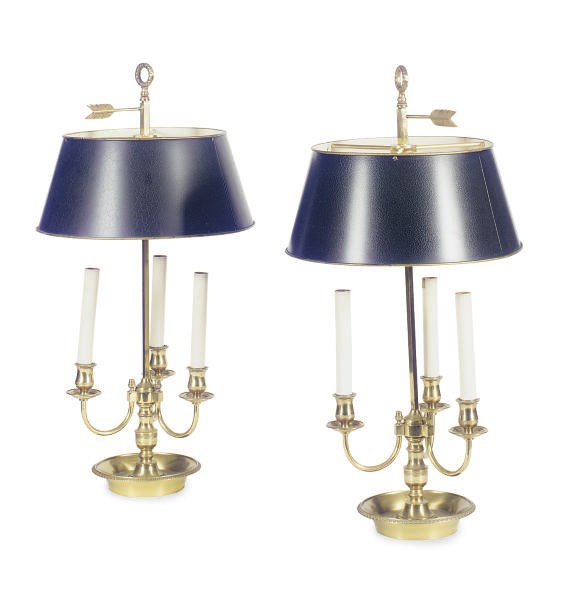 A PAIR OF BRASS THREE-LIGHT BUILLOTTE LAMPS,