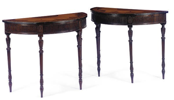 A PAIR OF STAINED-MAHOGANY, SATINWOOD AND MARQUETRY DEMILUNE SIDE TABLES,