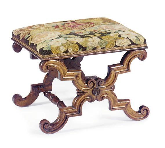 A VICTORIAN ROSEWOOD AND NEEDLEPOINT UPHOLSTERED STOOL**,