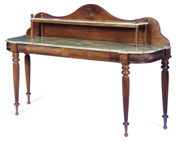A MAHOGANY AND GREEN MARBLE TWO-TIER SIDEBOARD,