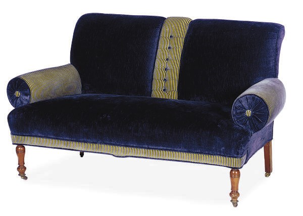 A VICTORIAN BLUE VELVET UPHOLSTERED SOFA,