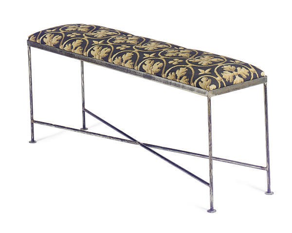 A POLISHED STEEL AND UHPHOLSTERED BENCH,