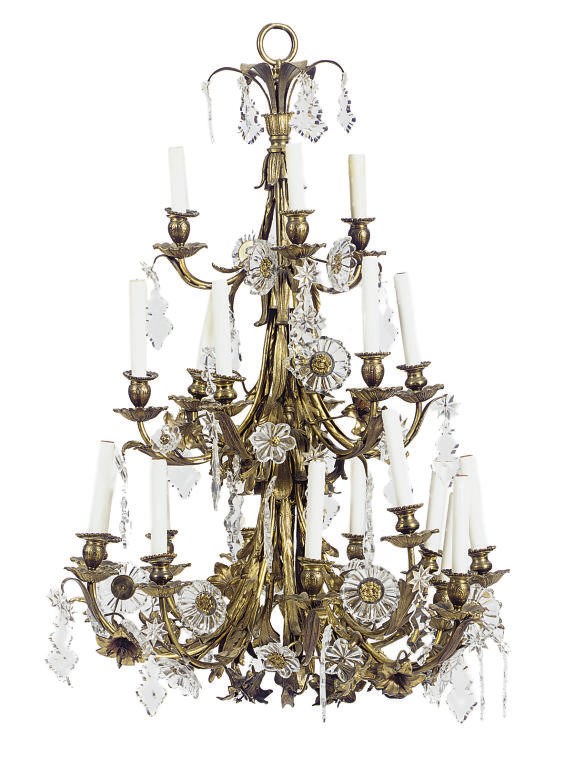 A GILT-METAL AND CUT-GLASS TWENTY-ONE LIGHT CHANDELIER,