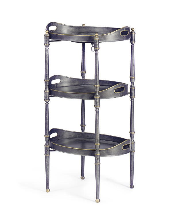 AN ITALIAN PATINATED METAL AND PARCEL-GILT THREE-TIER ETAGERE,
