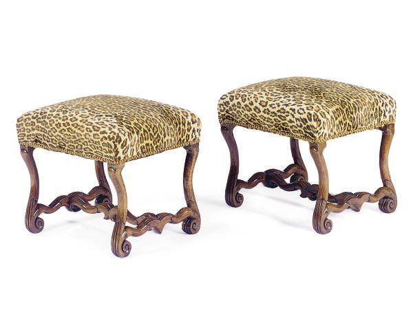 A PAIR OF FRENCH WALNUT AND LEOPARD-PRINT VELVET-UPHOLSTERED OTTOMANS,